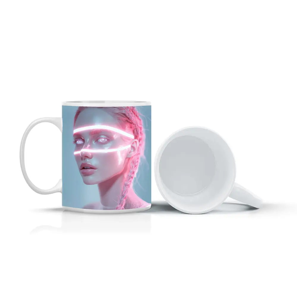 Neon Light Woman Portrait Pink Braids – Mugs