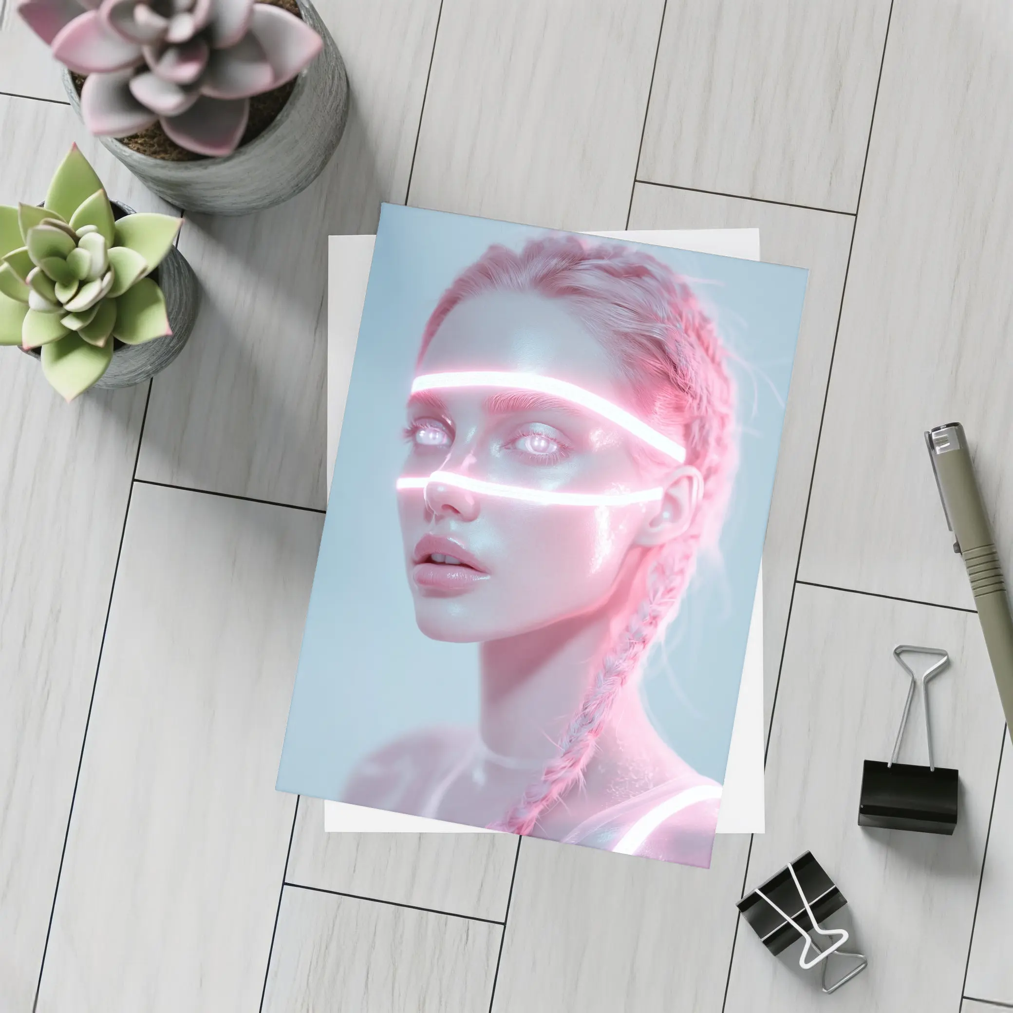 Neon Light Woman Portrait Pink Braids – Postcards