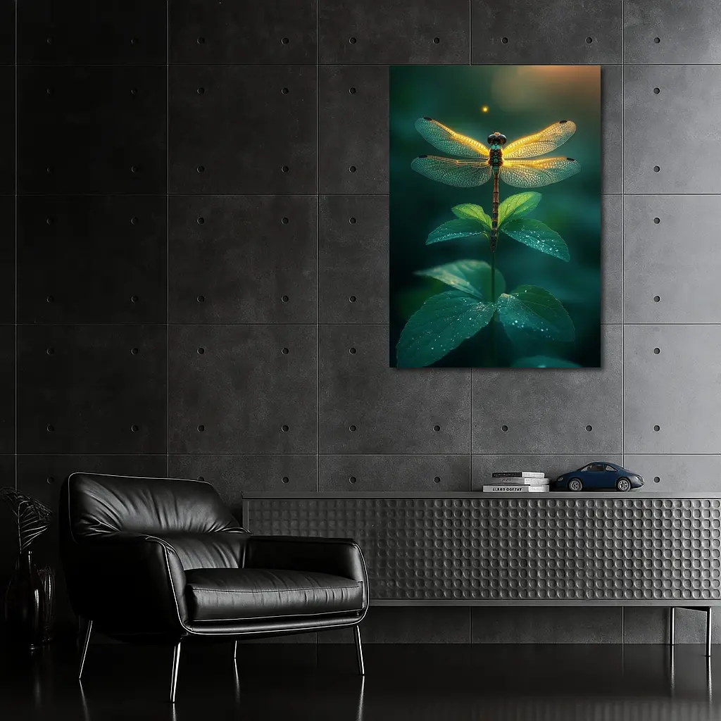 Glowing Dragonfly Perched On Green Plant – Wall Art