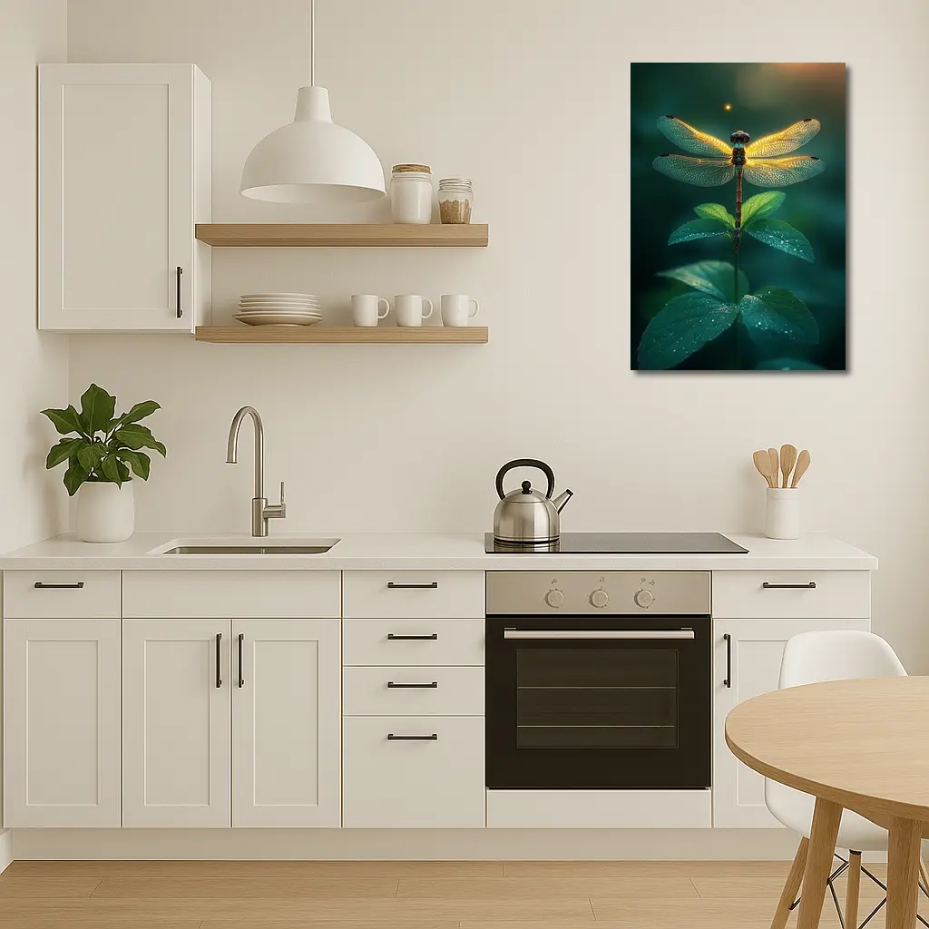 Glowing Dragonfly Perched On Green Plant – Wall Art