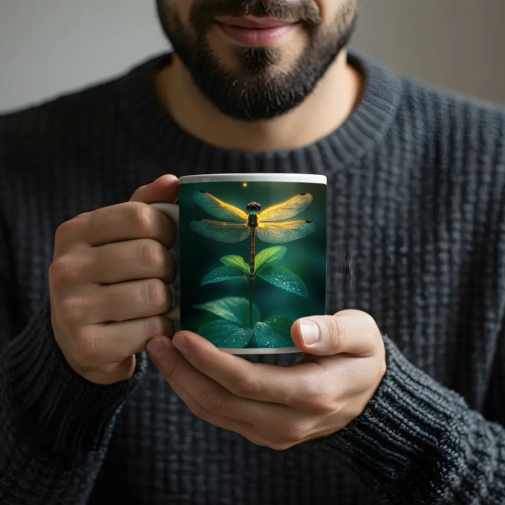 Glowing Dragonfly Perched On Green Plant – Mugs