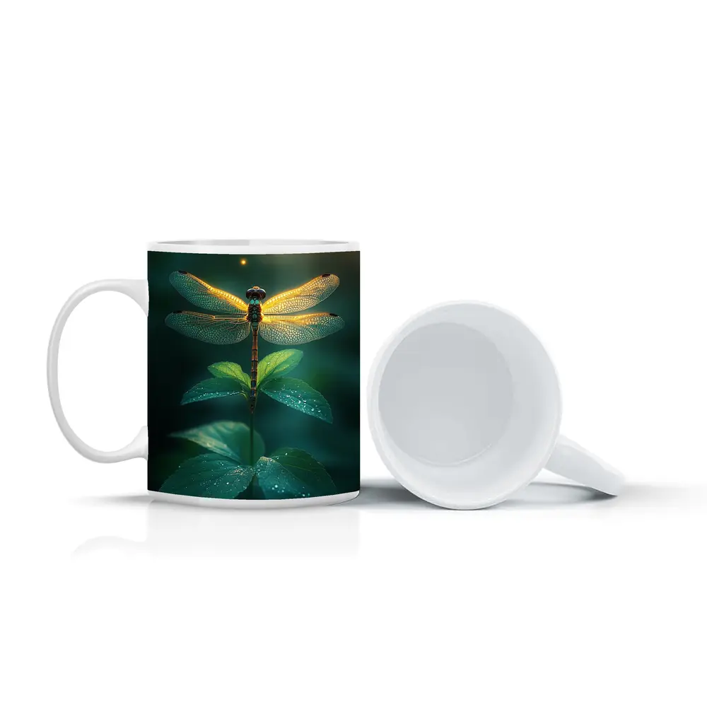 Glowing Dragonfly Perched On Green Plant – Mugs