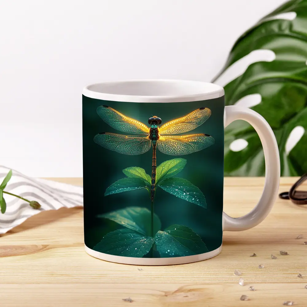 Glowing Dragonfly Perched On Green Plant – Mugs