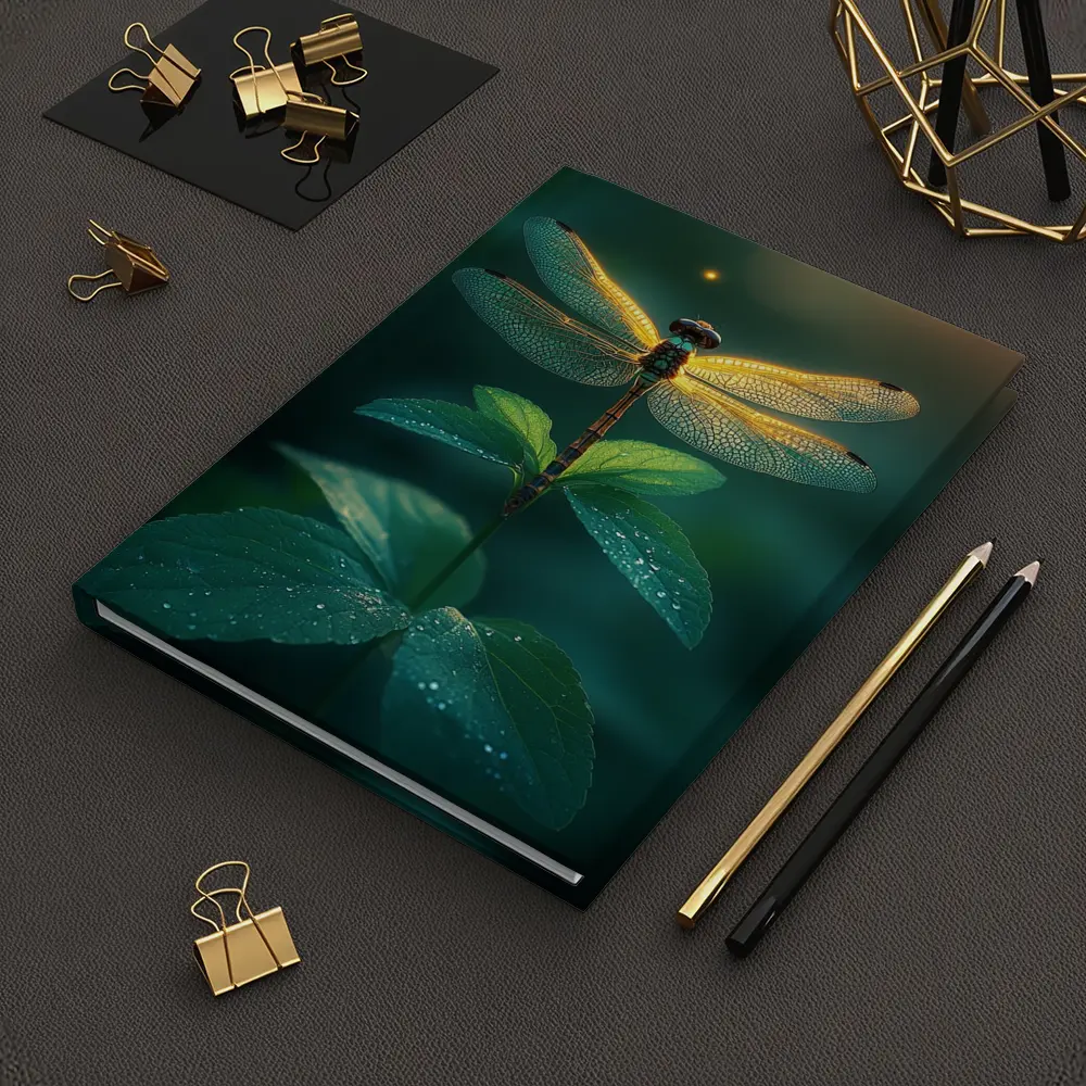 Glowing Dragonfly Perched On Green Plant – Notebooks