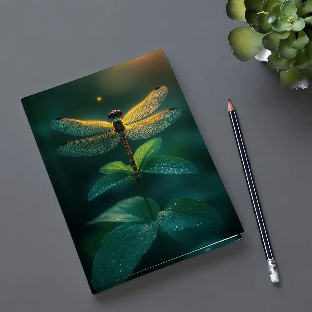 Glowing Dragonfly Perched On Green Plant – Notebooks