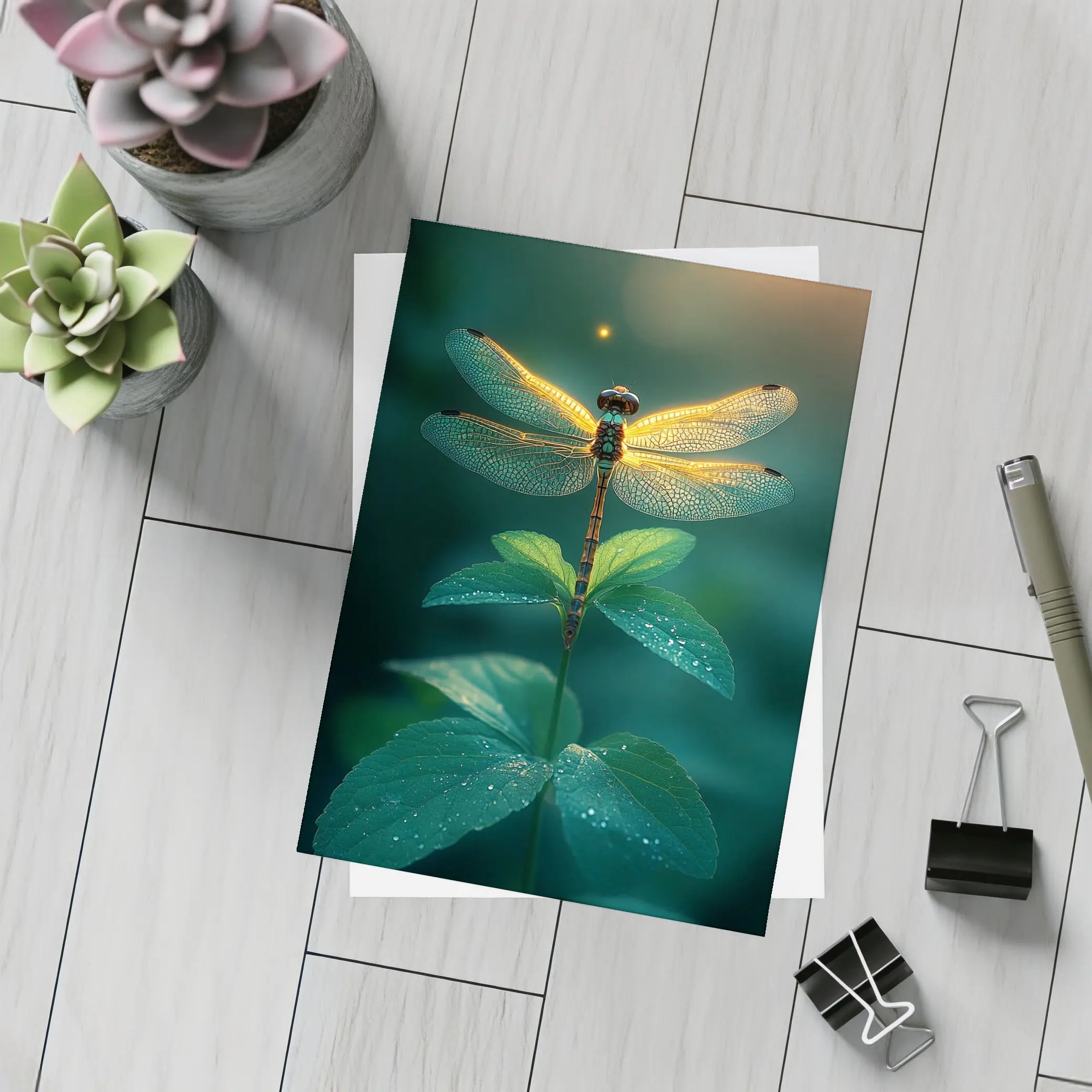 Glowing Dragonfly Perched On Green Plant – Postcards
