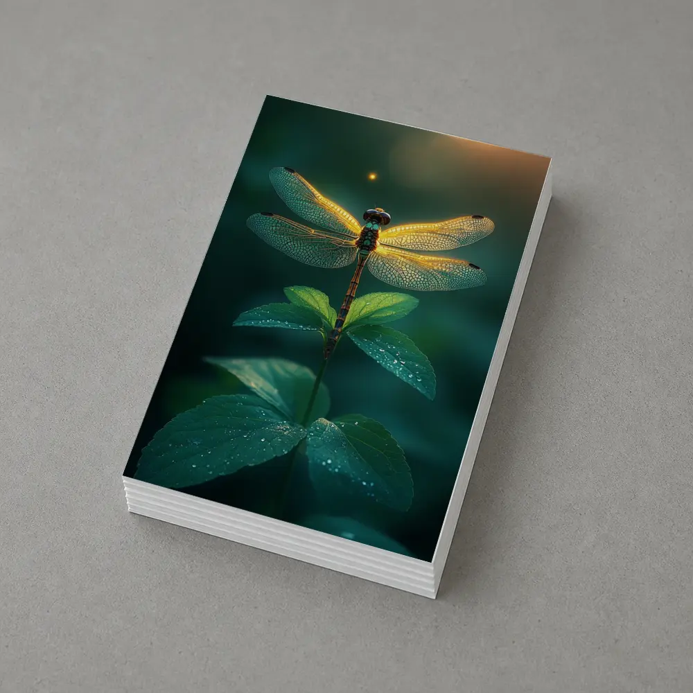 Glowing Dragonfly Perched On Green Plant – Postcards