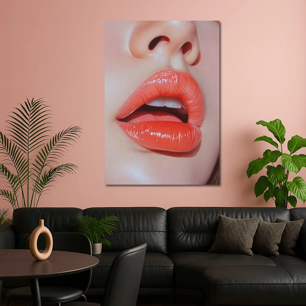 Glossy Coral Lips Close Up Portrait Art – Wall Art