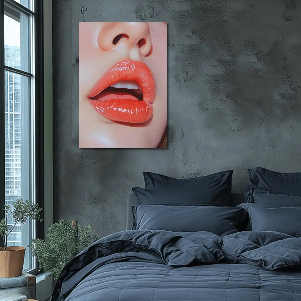 Glossy Coral Lips Close Up Portrait Art – Wall Art