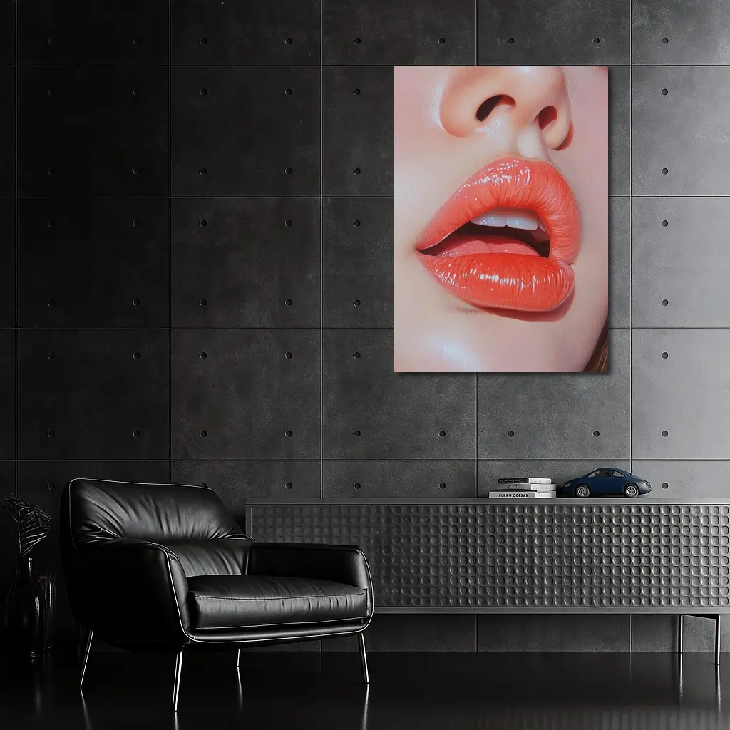 Glossy Coral Lips Close Up Portrait Art – Wall Art