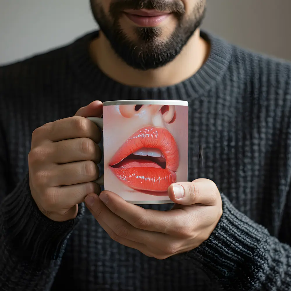 Glossy Coral Lips Close Up Portrait Art – Mugs