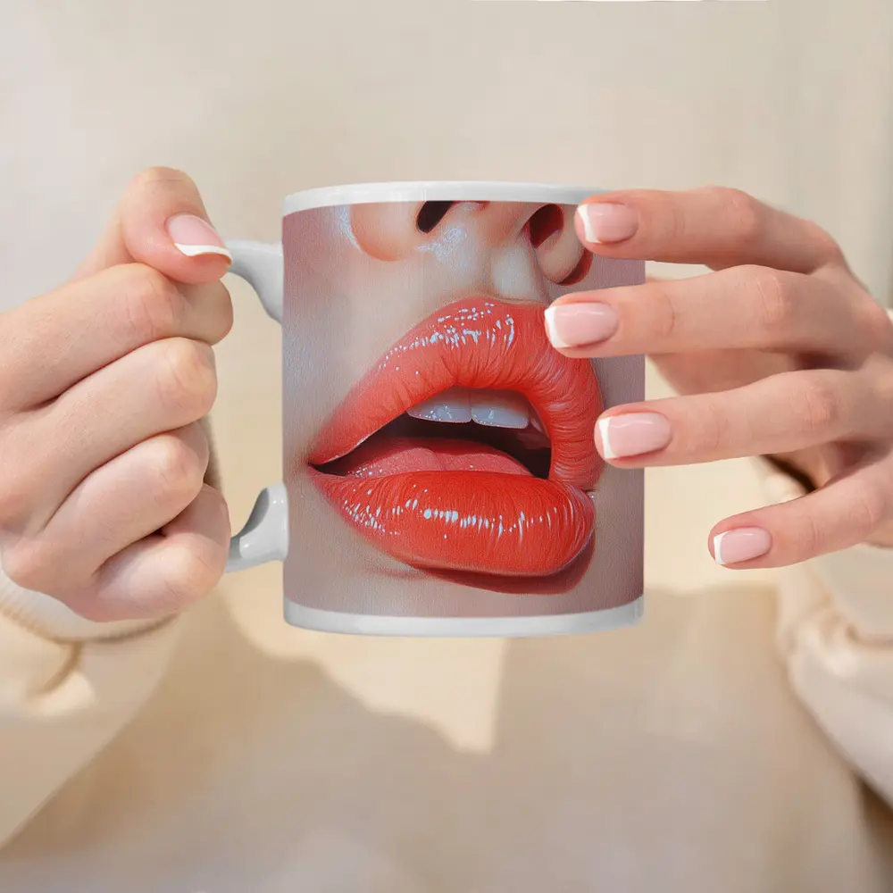 Glossy Coral Lips Close Up Portrait Art – Mugs