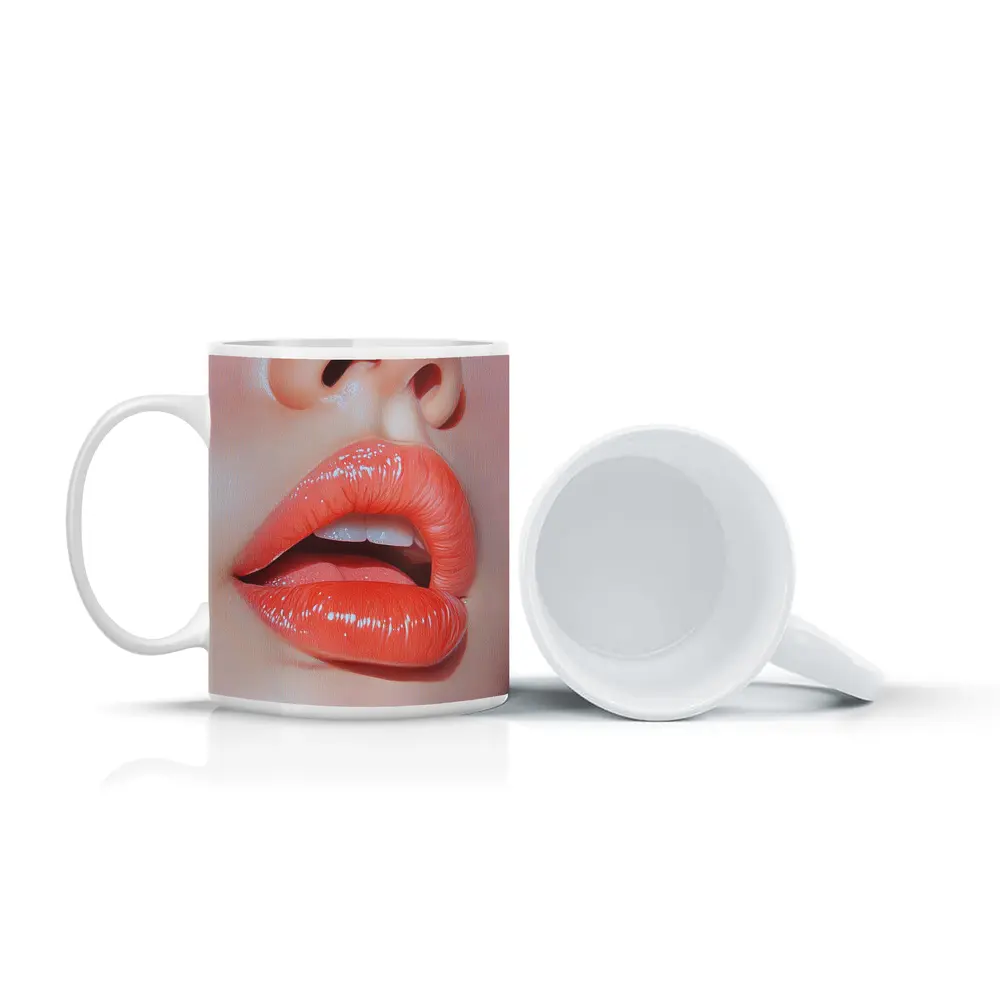 Glossy Coral Lips Close Up Portrait Art – Mugs