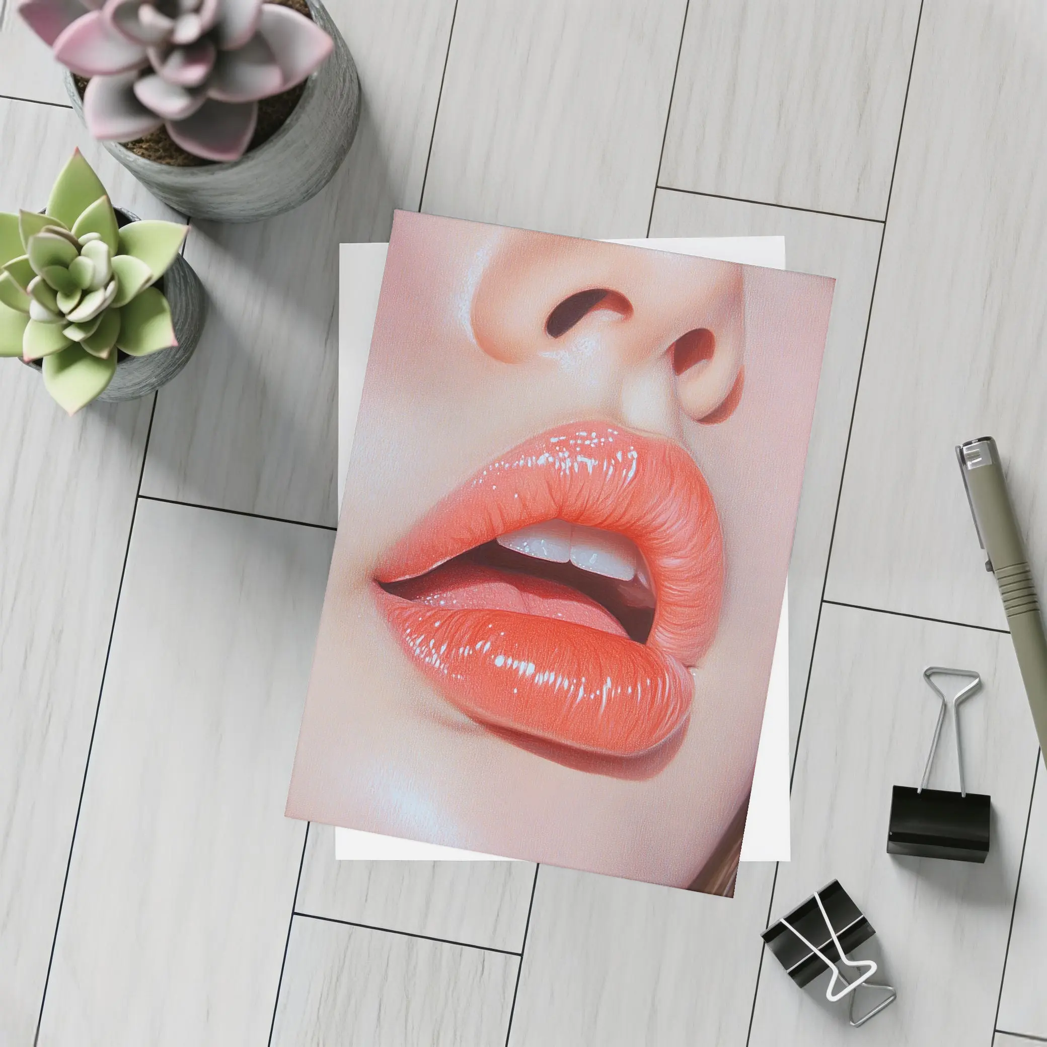 Glossy Coral Lips Close Up Portrait Art – Postcards