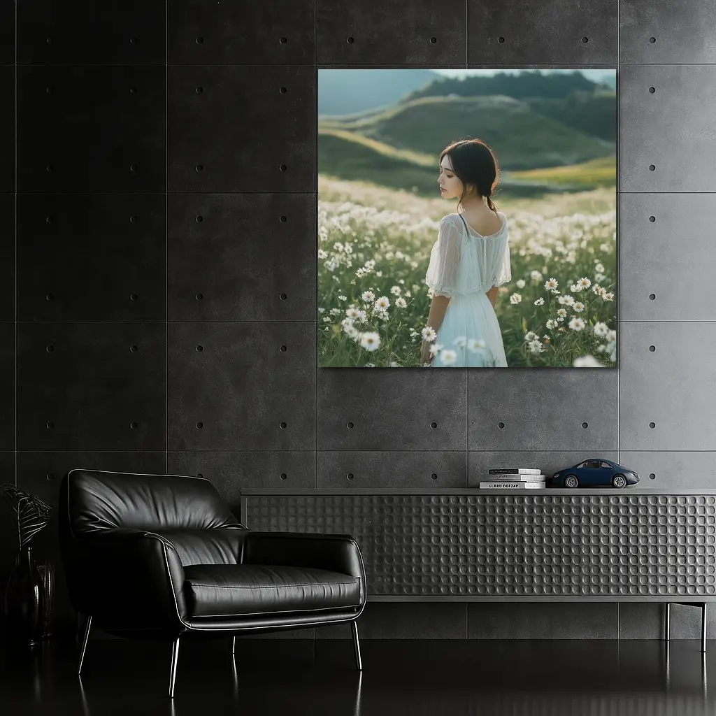 Woman White Dress Daisy Flower Field Hills – Wall Art