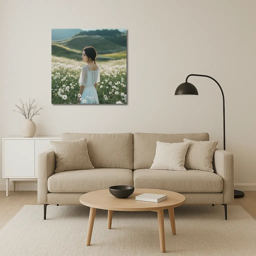 Woman White Dress Daisy Flower Field Hills – Wall Art