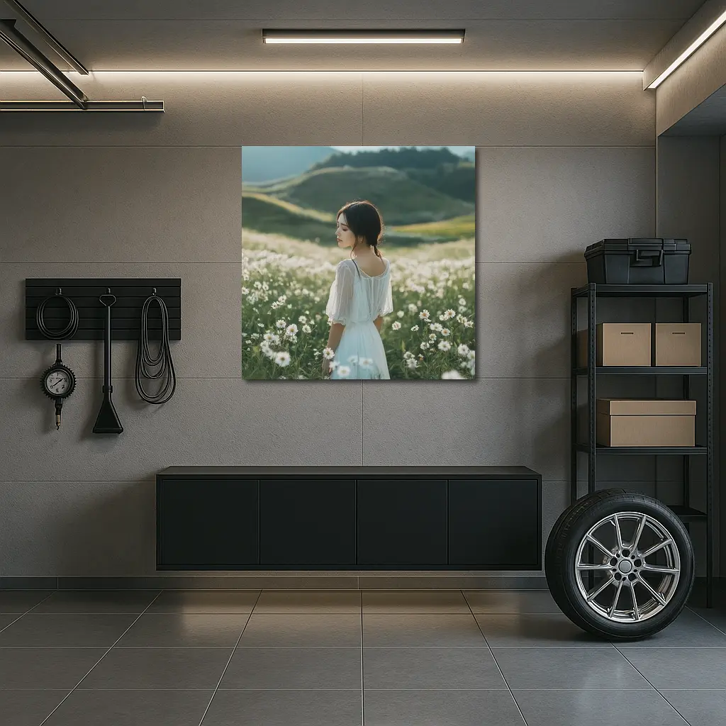 Woman White Dress Daisy Flower Field Hills – Wall Art