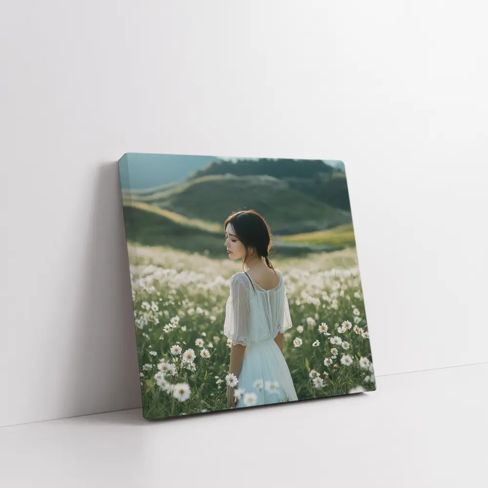 Woman White Dress Daisy Flower Field Hills – Wall Art