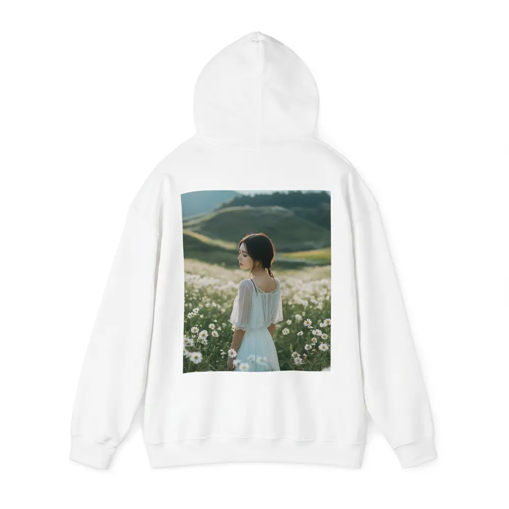 Woman White Dress Daisy Flower Field Hills – Hoodies