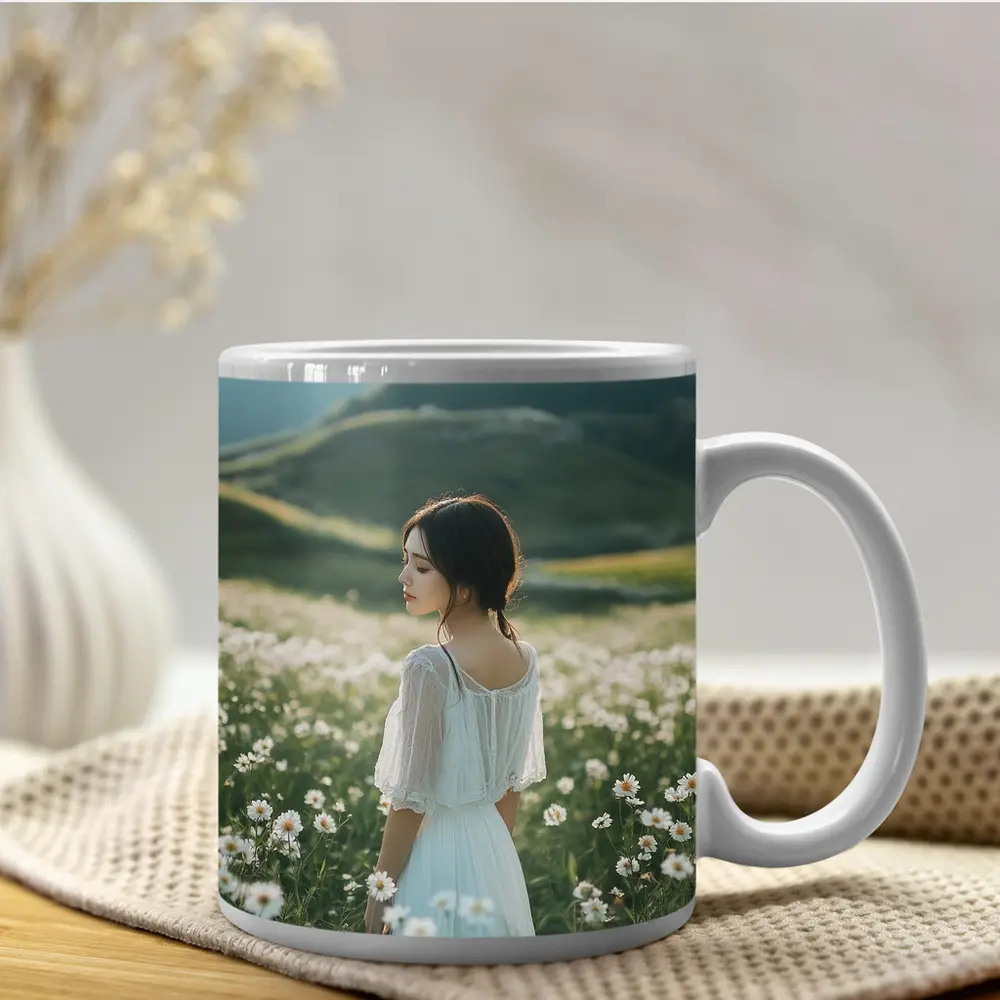Woman White Dress Daisy Flower Field Hills – Mugs