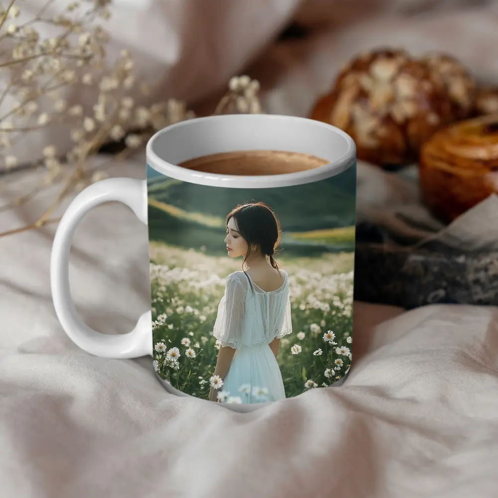 Woman White Dress Daisy Flower Field Hills – Mugs