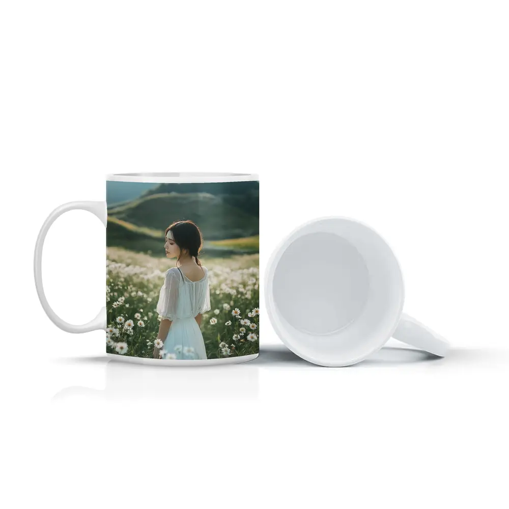 Woman White Dress Daisy Flower Field Hills – Mugs