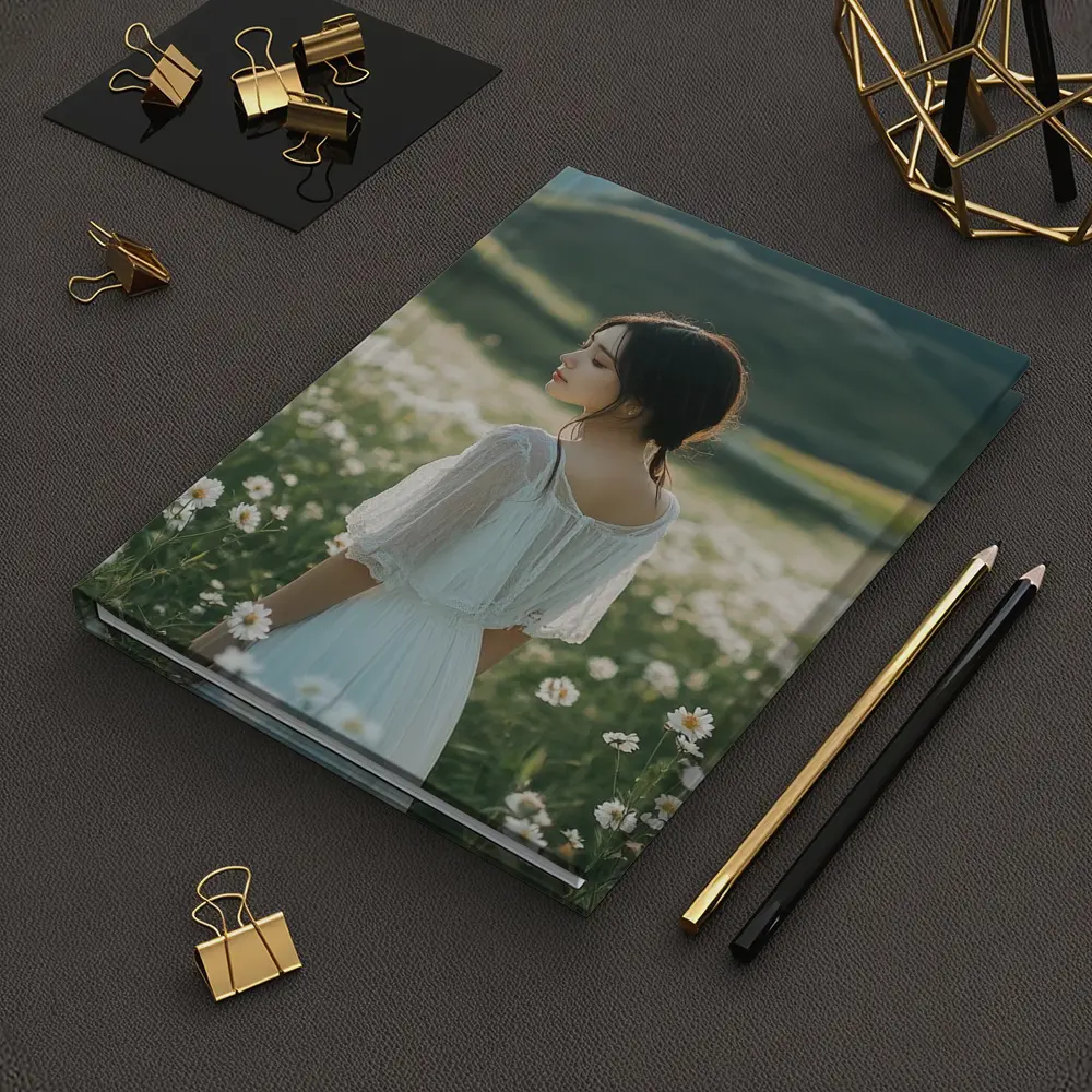 Woman White Dress Daisy Flower Field Hills – Notebooks