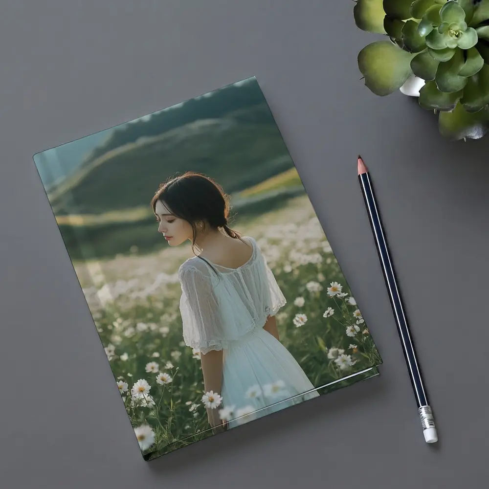 Woman White Dress Daisy Flower Field Hills – Notebooks