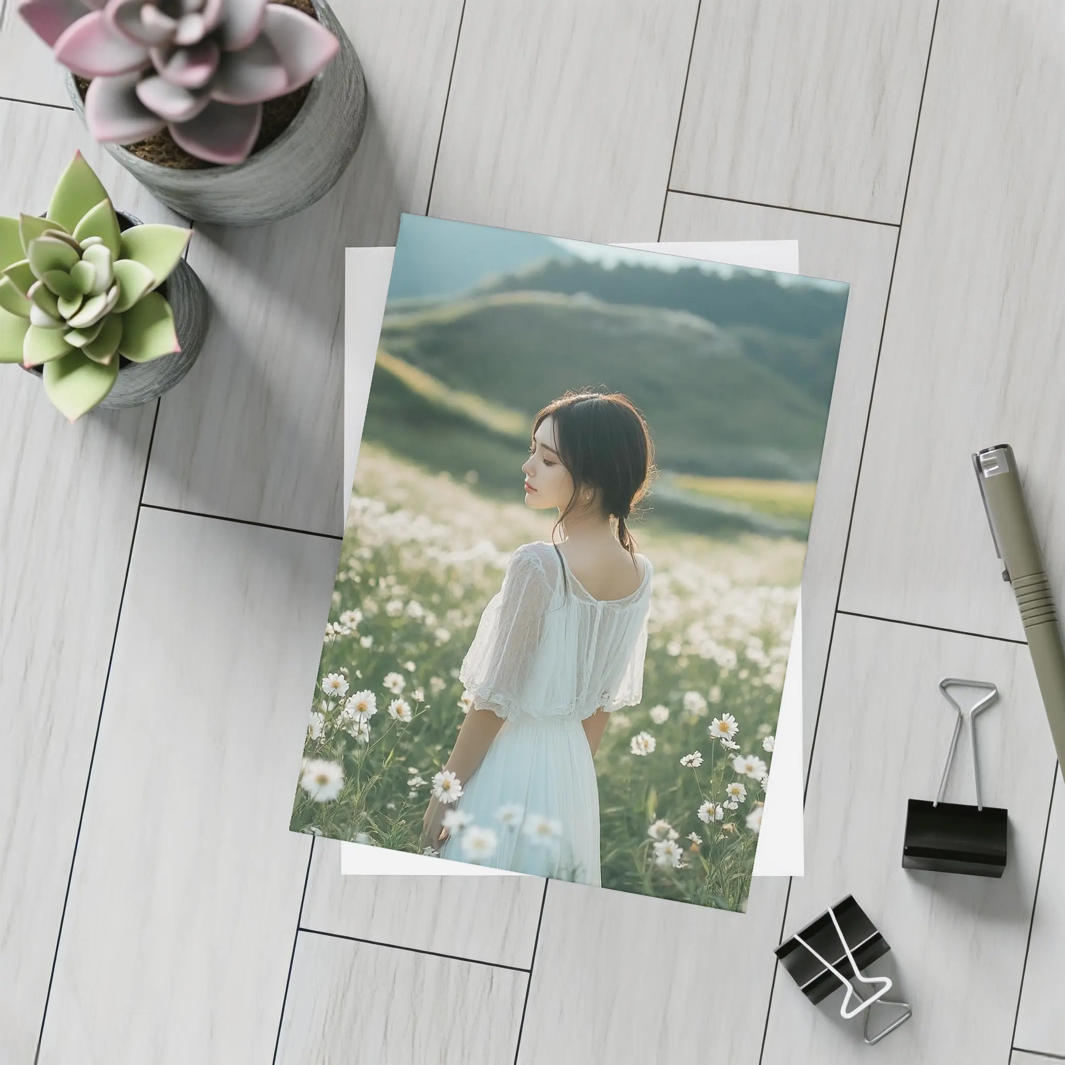 Woman White Dress Daisy Flower Field Hills – Postcards