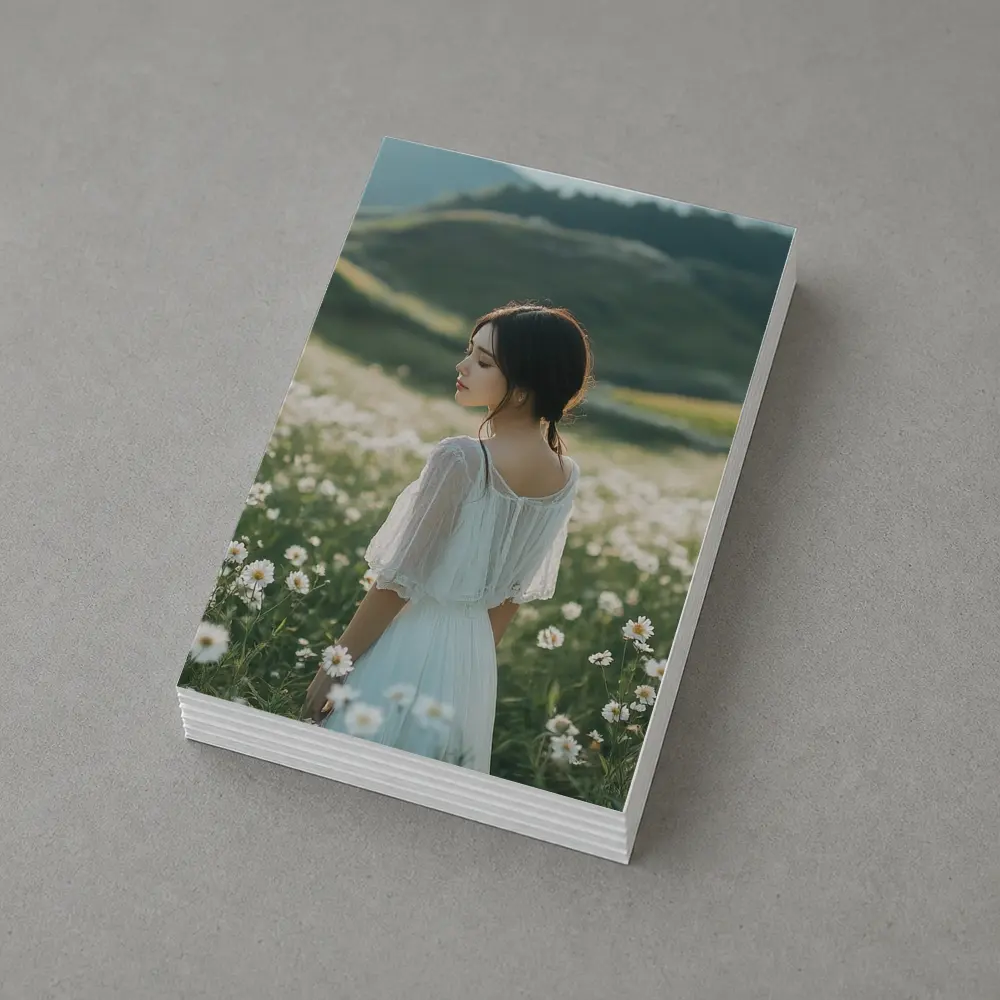 Woman White Dress Daisy Flower Field Hills – Postcards
