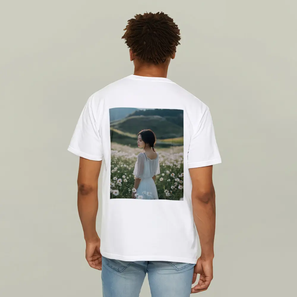 Woman White Dress Daisy Flower Field Hills – T-Shirts