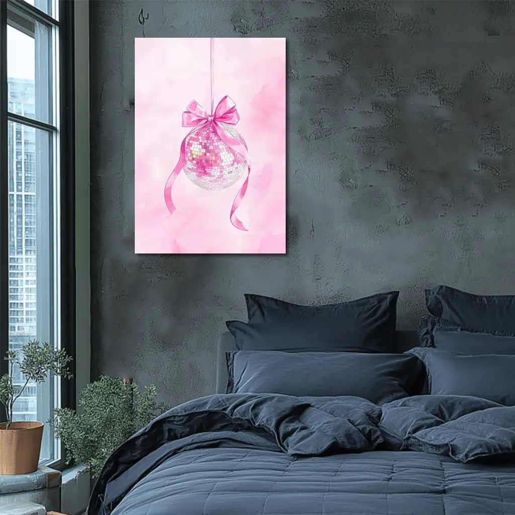 Pink Disco Ball Bow Watercolor Art – Wall Art