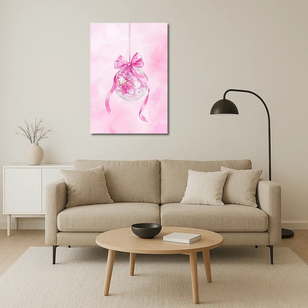 Pink Disco Ball Bow Watercolor Art – Wall Art