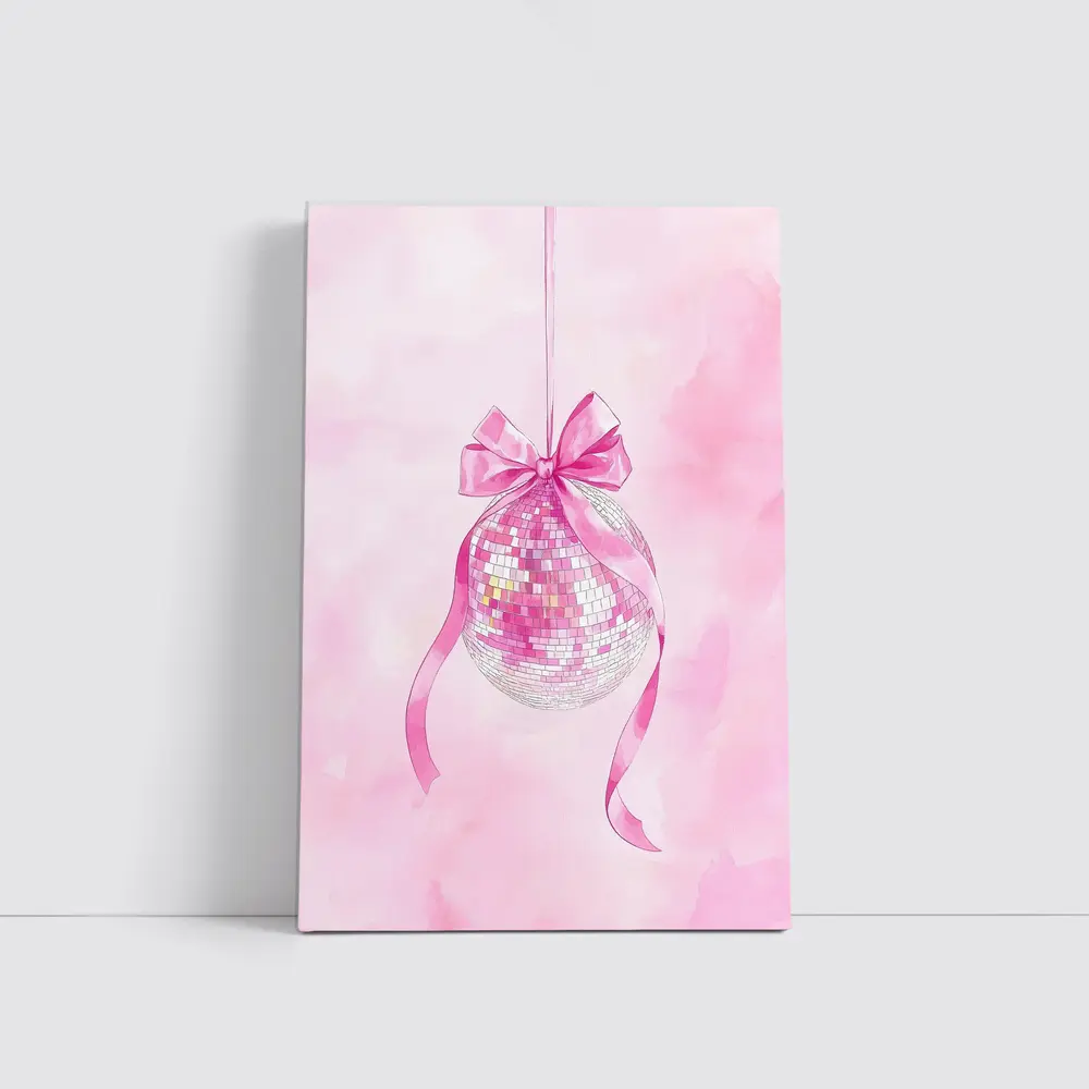 Pink Disco Ball Bow Watercolor Art – Wall Art