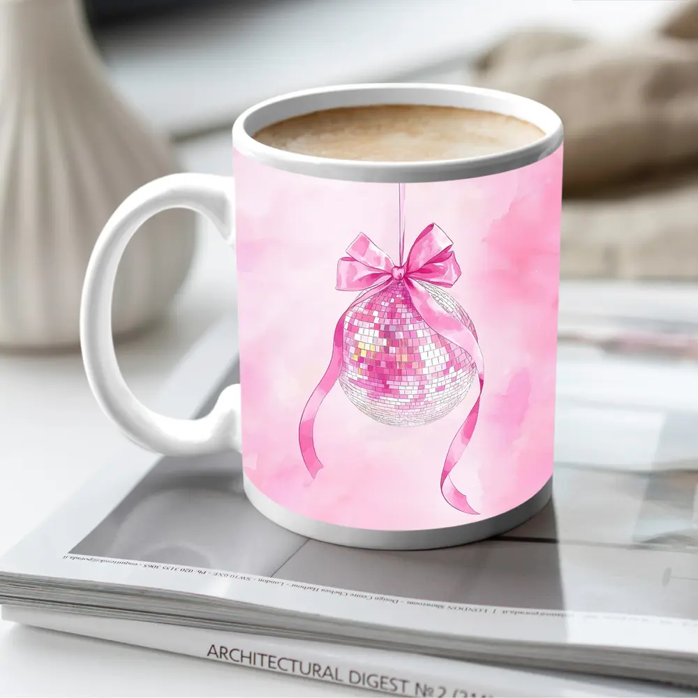 Pink Disco Ball Bow Watercolor Art – Mugs