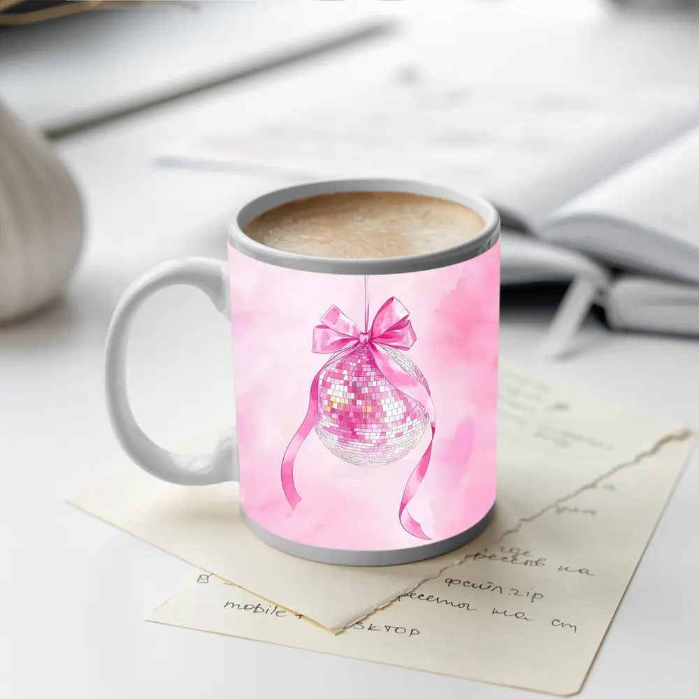 Pink Disco Ball Bow Watercolor Art – Mugs