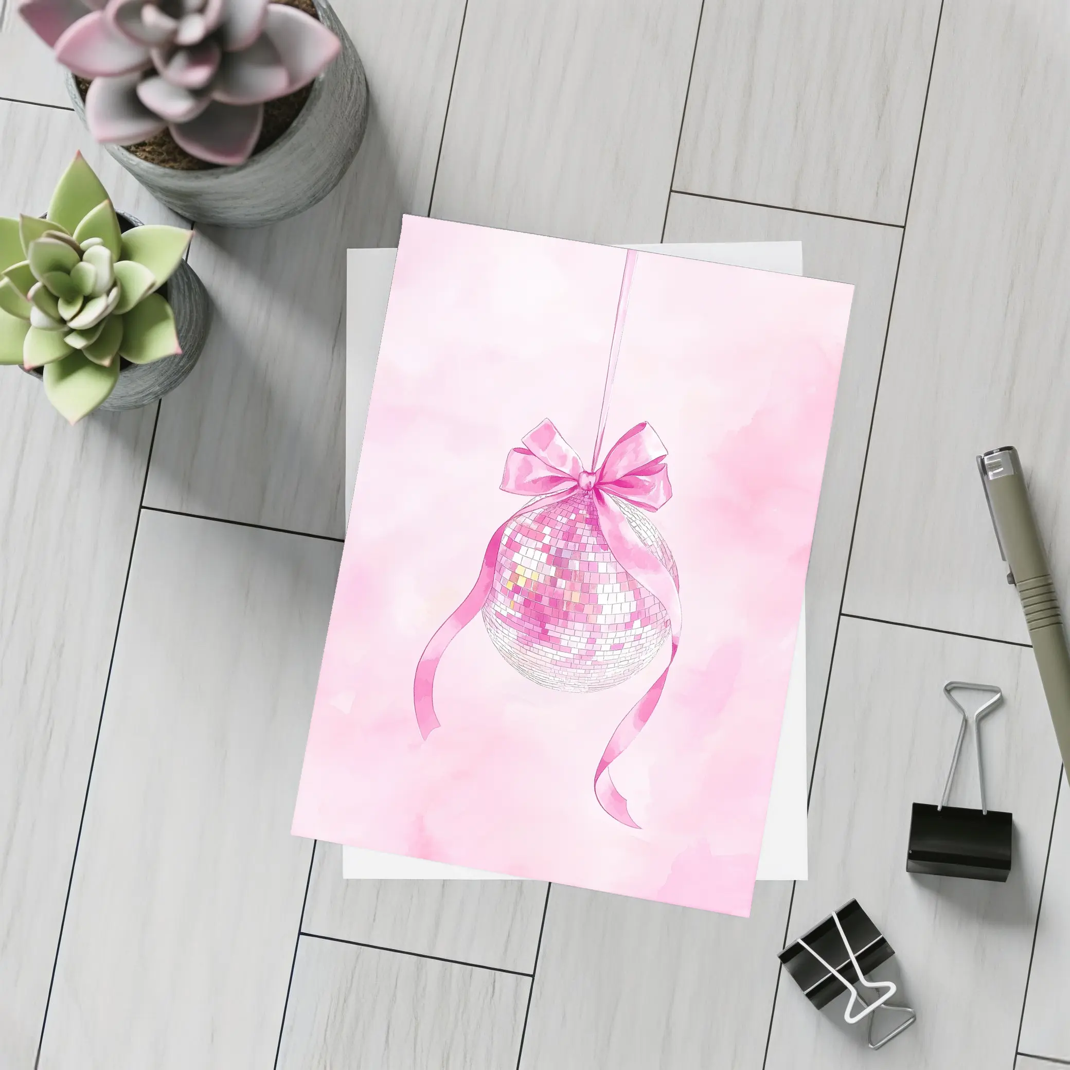 Pink Disco Ball Bow Watercolor Art – Postcards