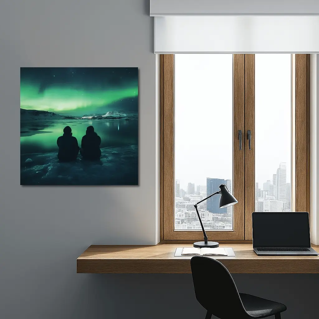 Two Silhouettes Watching Northern Lights Iceland – Wall Art