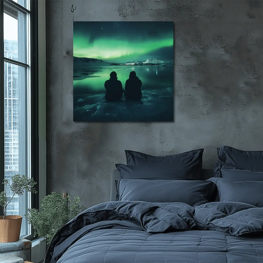 Two Silhouettes Watching Northern Lights Iceland – Wall Art
