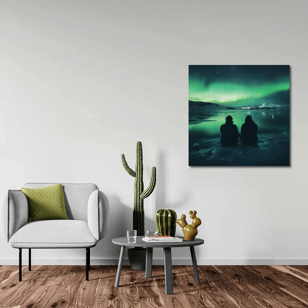 Two Silhouettes Watching Northern Lights Iceland – Wall Art