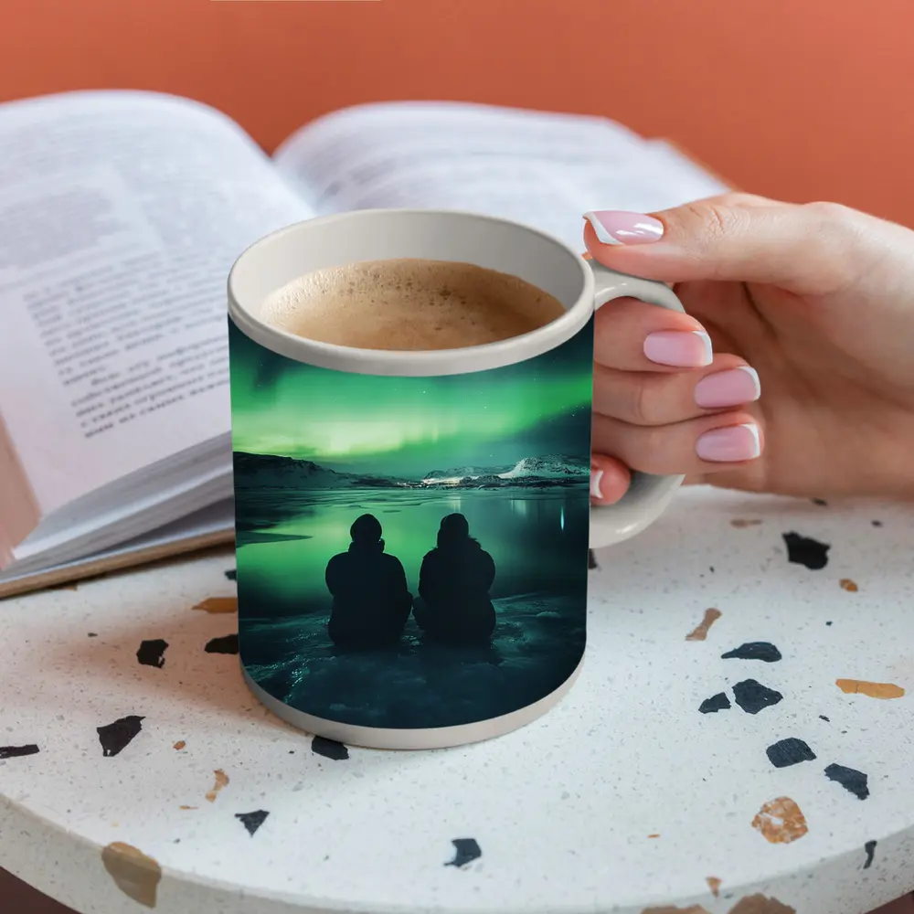 Two Silhouettes Watching Northern Lights Iceland – Mugs