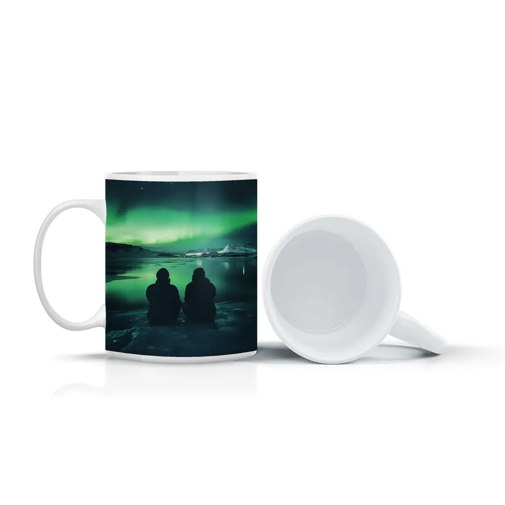 Two Silhouettes Watching Northern Lights Iceland – Mugs