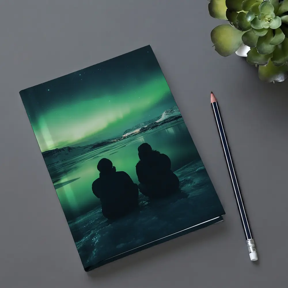 Two Silhouettes Watching Northern Lights Iceland – Notebooks