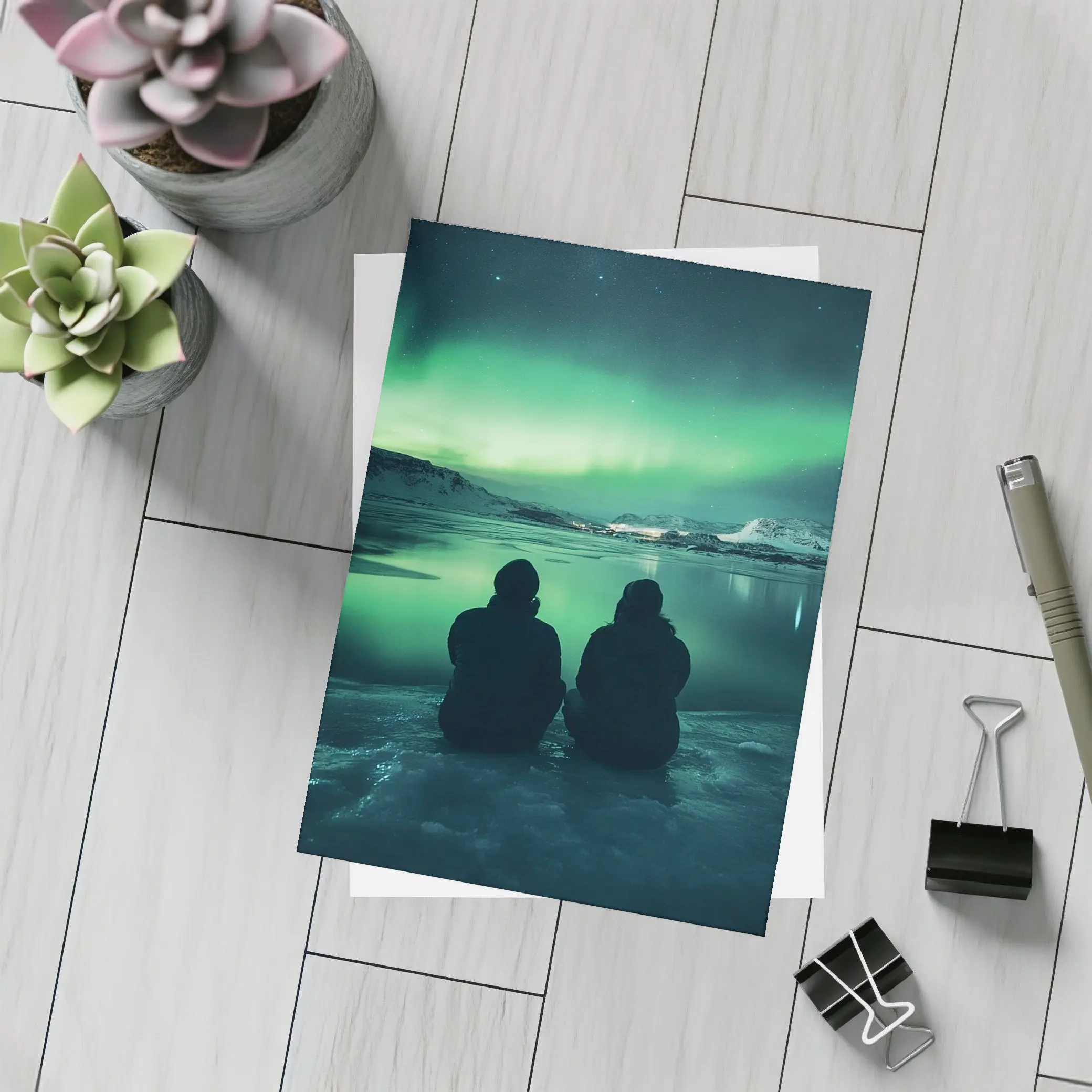 Two Silhouettes Watching Northern Lights Iceland – Postcards