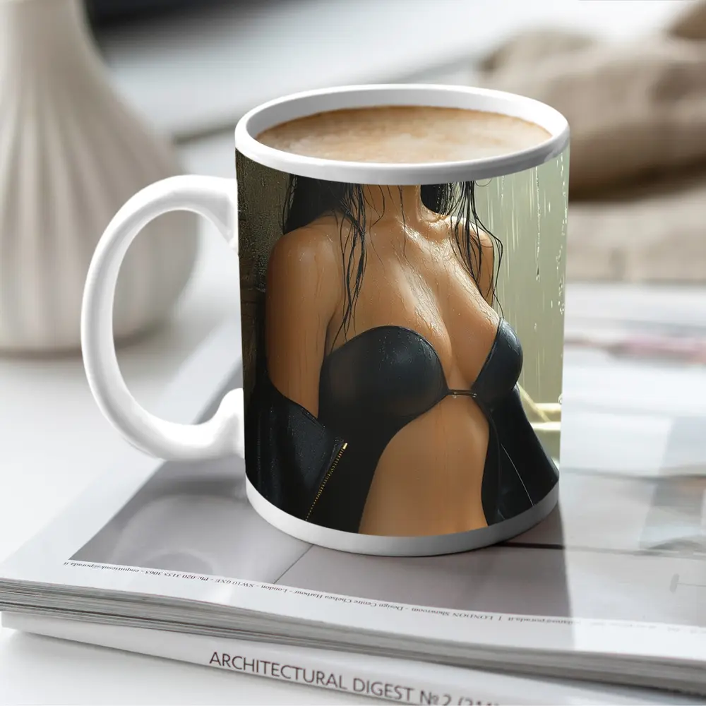Dark Haired Woman Rain Soaked Digital Art – Mugs