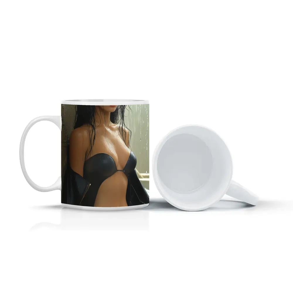 Dark Haired Woman Rain Soaked Digital Art – Mugs