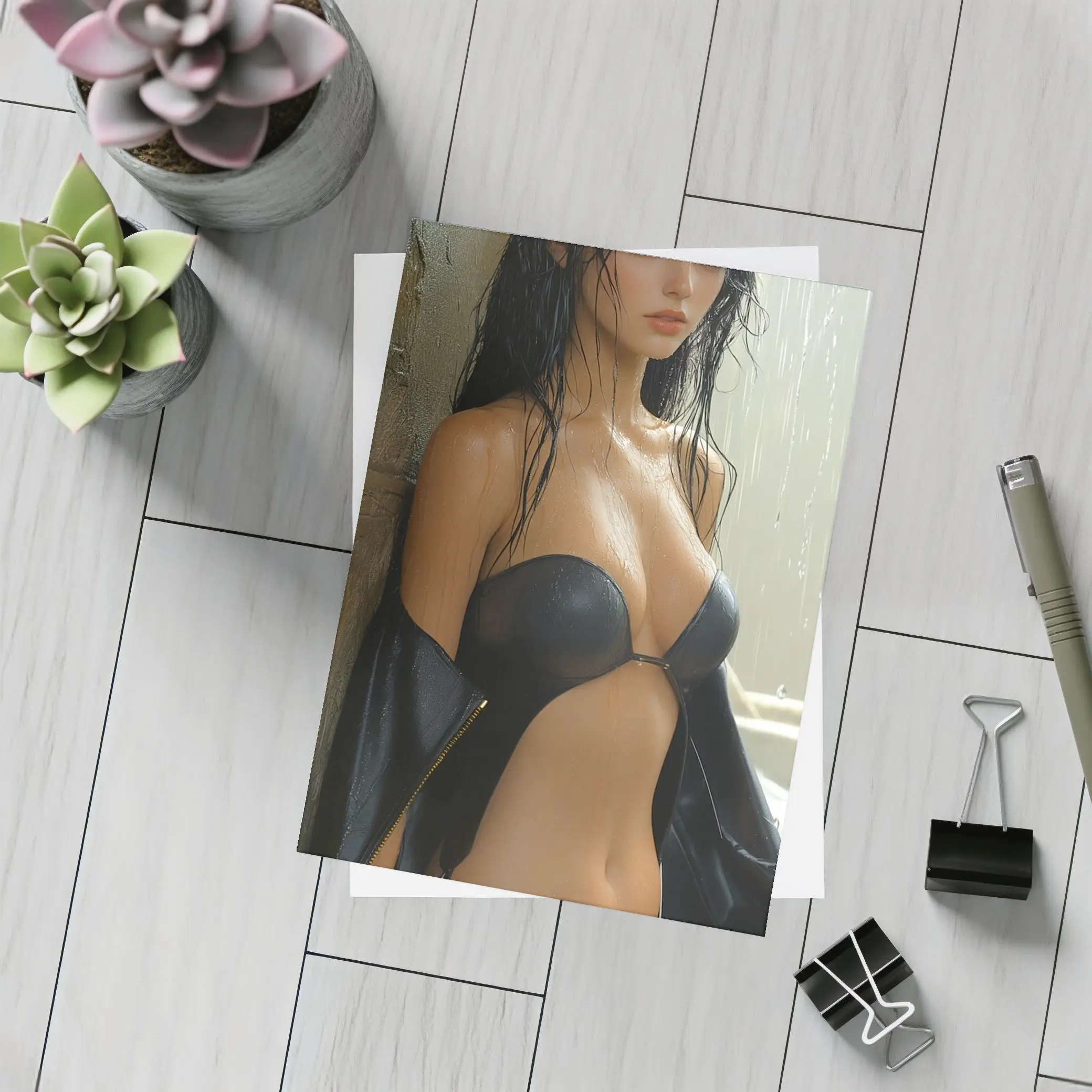 Dark Haired Woman Rain Soaked Digital Art – Postcards