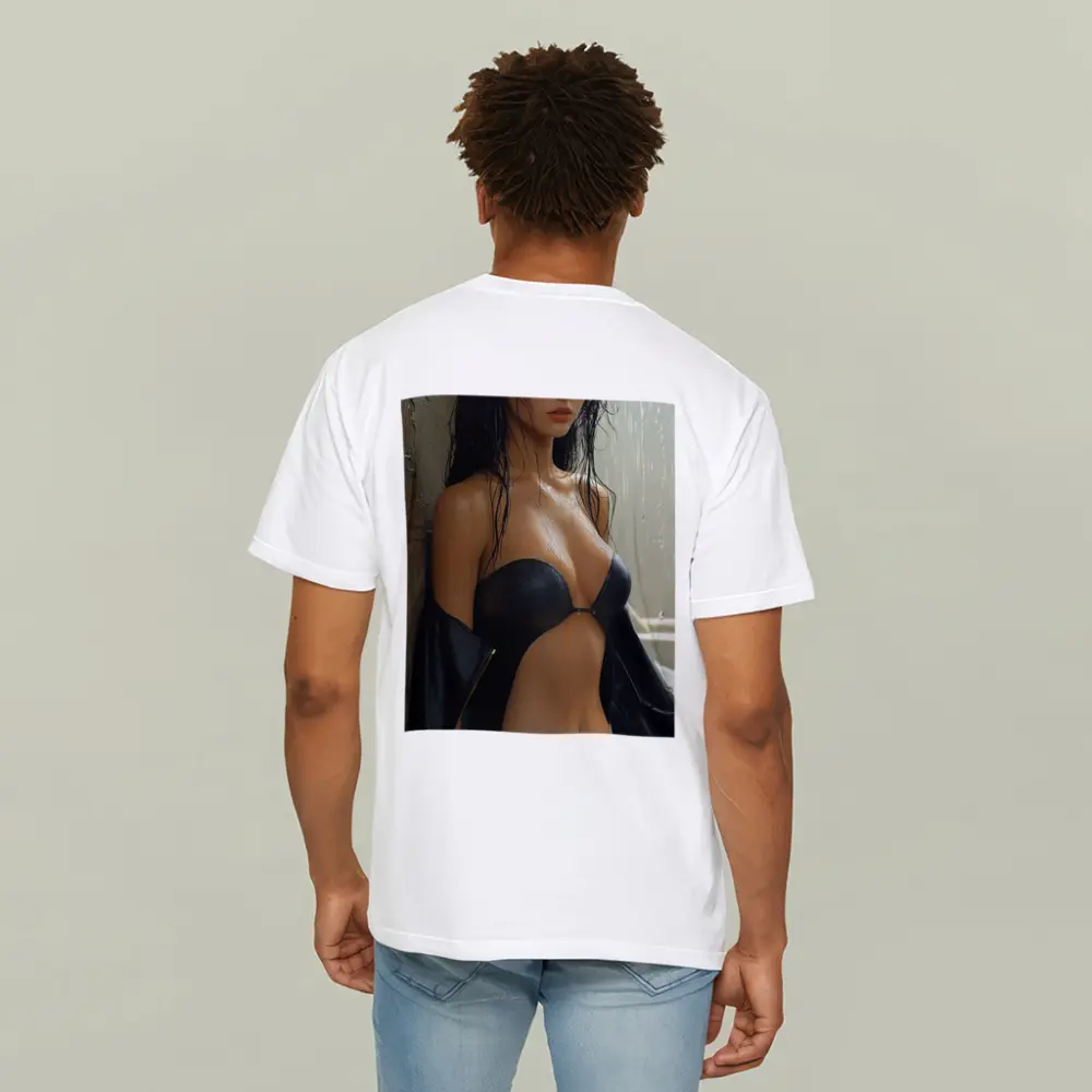 Dark Haired Woman Rain Soaked Digital Art – T-Shirts