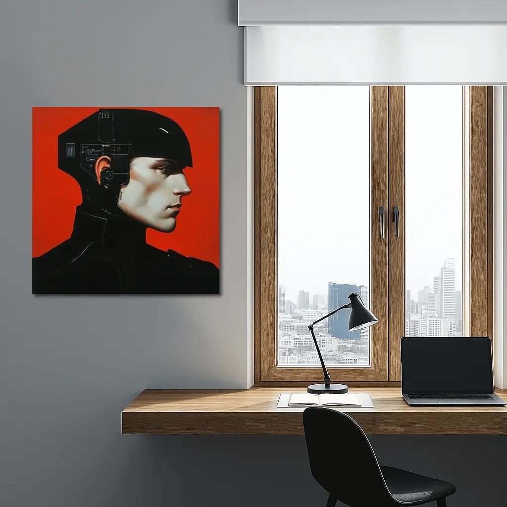 Cyberpunk Soldier Portrait Red Background Art – Wall Art