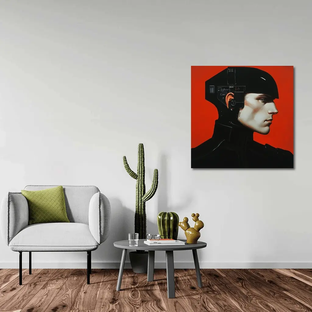 Cyberpunk Soldier Portrait Red Background Art – Wall Art